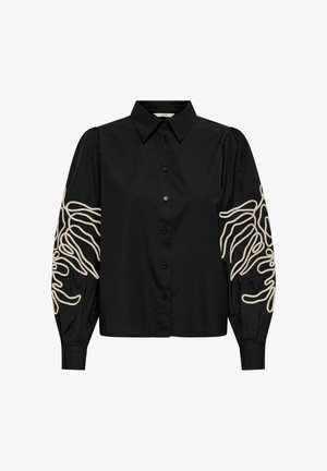 Juoda ilgomis rankovėmis palaidinė su sagomis, su smailia apykakle ir smėlinės spalvos abstrakčių linijų siuvinėjimu pūstose rankovėse.