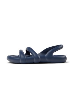 Navy blue sandals with a soft, flexible material featuring a three-strand design and open back for breathability. Smooth texture throughout.