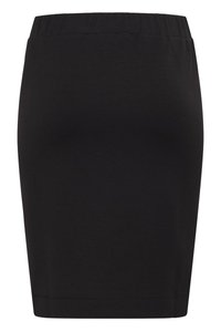 Schwarze Stretchskirt mit elastischem Bund, taillierter Passform und glatter Textur. Keine sichtbaren Muster oder Verzierungen.