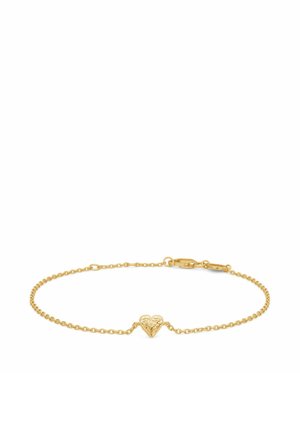 Brățară delicată din lanț de aur, cu un mic pandantiv în formă de inimă texturată în centru, prevăzută cu închizătoare tip carabină.