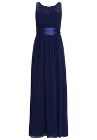 Ärmlös aftonklänning i marinblått med genomskinlig övre bodice, samlad tyg och satinsärkbandsmidja, golvlång svävande kjol.