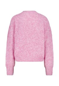 Crochet pink sweater, relaxed fit with wide sleeves and ribbed cuffs. Soft texture and slightly fluffy appearance with a round neckline.