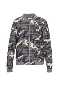 Giacca bomber camouflage in tonalità di grigio, blu navy e crema. Presenta una zip frontale completa, polsini a costine e un tessuto leggero.