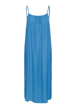 Rochie maxi bleu, fără mâneci, realizată dintr-un material moale; prezintă un guler strâns și un design fluid pentru confortul mișcării.