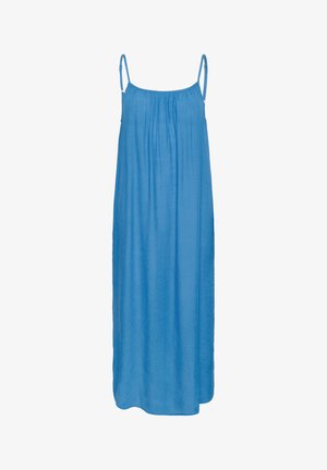 Blue, sleeveless maxi dress made of soft fabric; features a gathered neckline and flowing design for ease of movement.