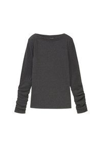 T-shirt grigio scuro a maniche lunghe con scollo a barca ampio e polsini arricciati. Realizzato in un tessuto morbido ed elastico con una texture liscia.