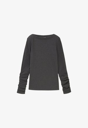 Tumehall pikkade varrukatega T-särk laia paadi kaelusega ja volangkäistega. Valmistatud pehmest ja venivast kangast, millel on sile tekstuur.