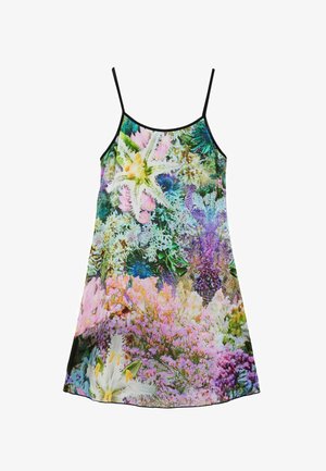 Jurkje met bloemenprint en dunne zwarte bandjes, met levendige kleuren zoals roze, paars en groen, gemaakt van lichtgewicht stof met een zachte textuur.