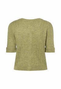 Suéter de manga corta en verde claro, con un patrón de espiga texturizado, cuello redondo y puños enrollados. Tejido de punto suave.