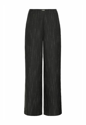 Schwarze weit geschnittene Hose mit strukturierter Oberfläche und vertikalen weißen Streifen. Elastischer Bund für Komfort und lässige Passform.