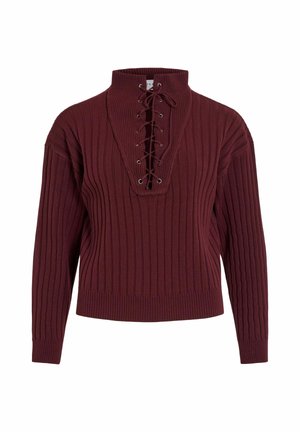 Bezrękawnik z prążkowanego dzianiny w ciemnym bordowym kolorze, z wysokim kołnierzem i ozdobą z przodu na sznurowadła.