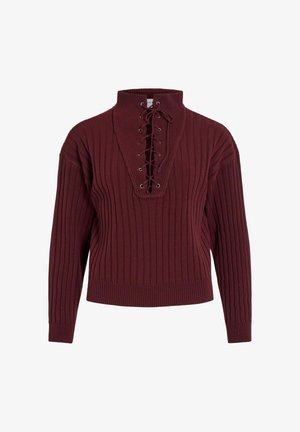 Pull sans manches en maille côtelée de couleur bordeaux foncé avec col montant et détail laçage sur le devant.