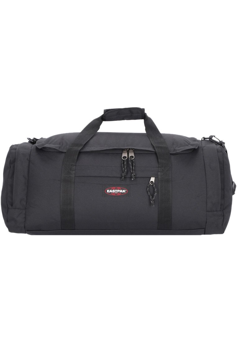 Black duffel bag made of durable fabric featuring two handles, a zipper closure, and an adjustable shoulder strap. Eastpak logo on front.