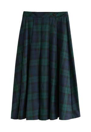 Mørkegrøn og mørkeblå plissee nederdel med sort knappet taljebånd, med tartanmønster.
