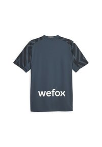 Tmavě šedý tričko s krátkým rukávem se černými cikcak vzory, kulatým výstřihem a bílým logem "wefox" uprostřed zad.