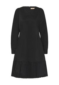 Robe noire à manches longues et décolleté en V. Caractéristiques d'un ourlet à volants plissés. Fabriquée en tissu lisse avec un léger éclat. Fermeture à glissière au dos.