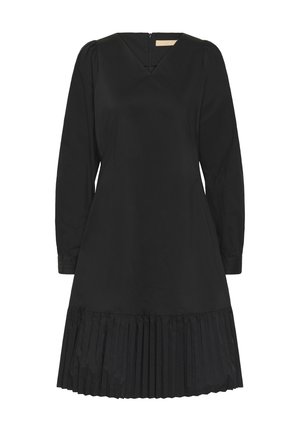Robe noire à manches longues et décolleté en V. Caractéristiques d'un ourlet à volants plissés. Fabriquée en tissu lisse avec un léger éclat. Fermeture à glissière au dos.