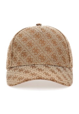 Casquette de baseball marron avec un motif monogramme répétitif couvrant toute la surface, avec un bouton sur le dessus et une visière courbée.