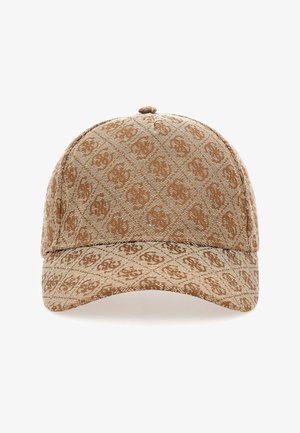 Bruine baseballpet met herhalend monogrampatroon dat het hele oppervlak bedekt, met een knop bovenop en een gebogen klep.