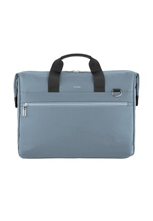 Blaue rechteckige Laptoptasche mit schwarzen Griffen, vorderer Reißverschlusstasche und silbernem Ringdetail auf weißem Hintergrund.