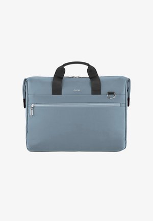 Blaue rechteckige Laptoptasche mit schwarzen Griffen, vorderer Reißverschlusstasche und silbernem Ringdetail auf weißem Hintergrund.