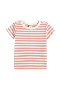 Camiseta de bebé a rayas en tela acanalada, con rayas horizontales en colores rosa claro, azul y blanco. Cuello redondeado y mangas cortas.