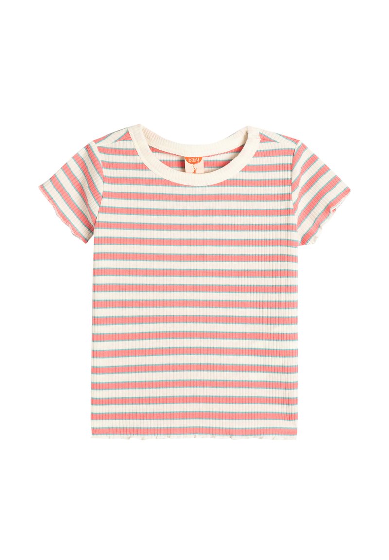 Camiseta de bebé a rayas en tela acanalada, con rayas horizontales en colores rosa claro, azul y blanco. Cuello redondeado y mangas cortas.