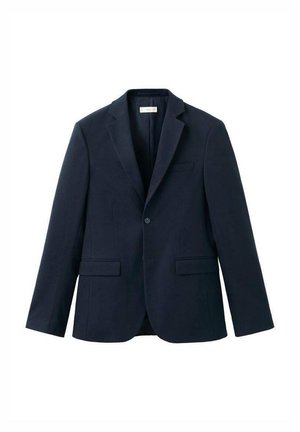 Navy blazer made from smooth fabric; features a notched lapel, single-button closure, and two front pockets. Solid color with no patterns.