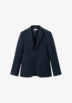 Navy blazer made from smooth fabric; features a notched lapel, single-button closure, and two front pockets. Solid color with no patterns.