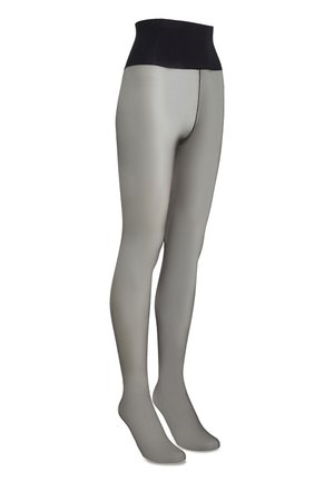 Collants gris longueur intégrale avec une large ceinture haute noire, présentés sur un mannequin en forme de jambe sur fond blanc.