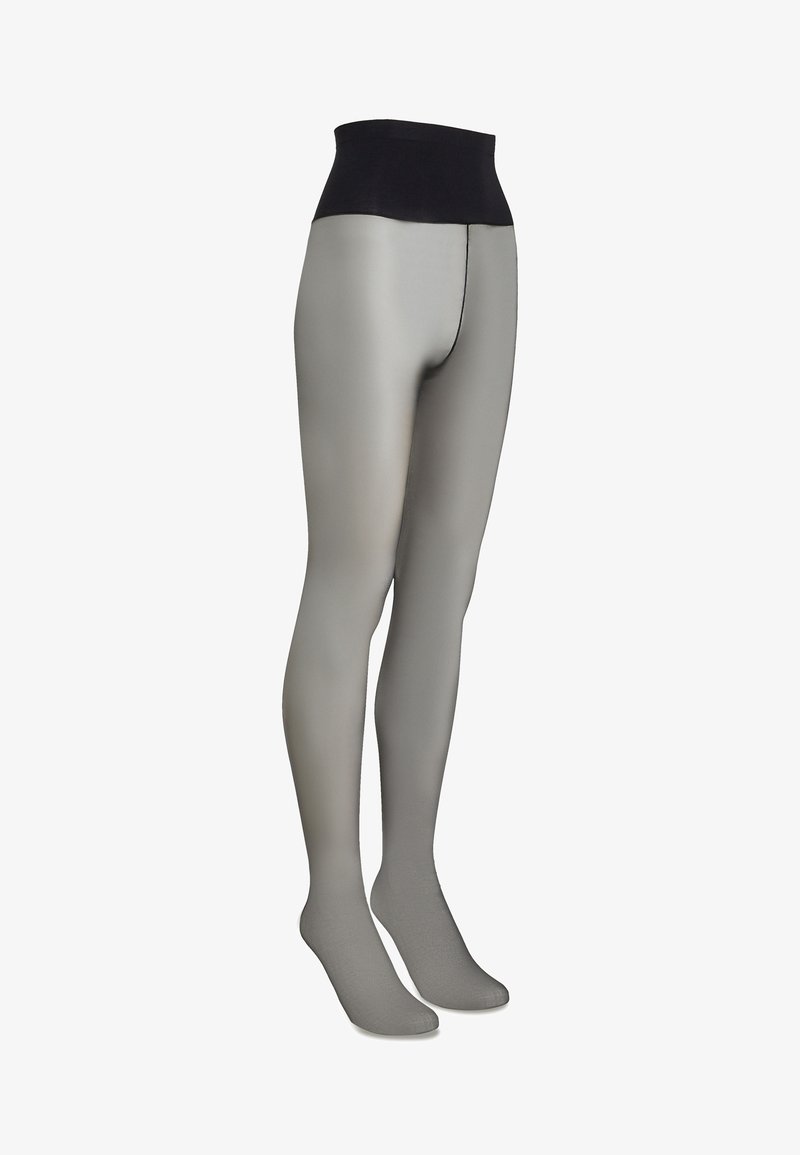 Collants gris longueur intégrale avec une large ceinture haute noire, présentés sur un mannequin en forme de jambe sur fond blanc.