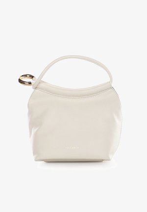 Petit sac à main en cuir crème avec poignée courbée et accent doré sur un côté, logo "Coccinelle" en lettres dorées centré sous la poignée.