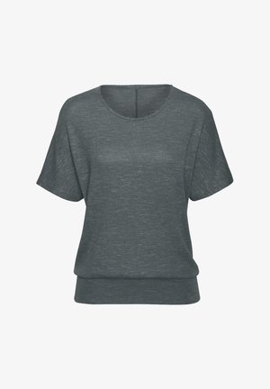 Gray, short-sleeve, casual top with a round neckline and relaxed fit; made of textured fabric with a slightly loose bottom hem.