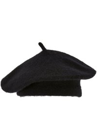 Black wool beret with a soft texture, traditional round shape, and a small loop on top, featuring a smooth, consistent surface.
