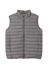 Graue ärmellose Steppweste mit horizontalem Steppmuster, hohem Kragen und vornem Reißverschluss; glatte Textur mit einem leichten Erscheinungsbild.