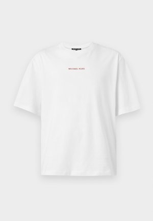 Bela majica s kratkimi rokavi in okroglim izrezom, na sredini prsnega koša majhen rdeč napis "MICHAEL KORS".
