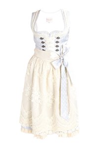 Robe traditionnelle dirndl blanche et bleu pâle avec tablier en dentelle, fermoirs décoratifs en argent et un grand nœud en soie noué à la taille.