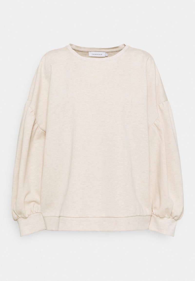 Sweat-shirt à manches longues crème avec manches bouffantes froncées et poignets et ourlet côtelés, présenté sur un fond uni.