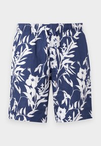 Námořnické modré květinové šortky s bílými hibisky a listovými vzory, elastický pas a šňůrka s kovovými konci.