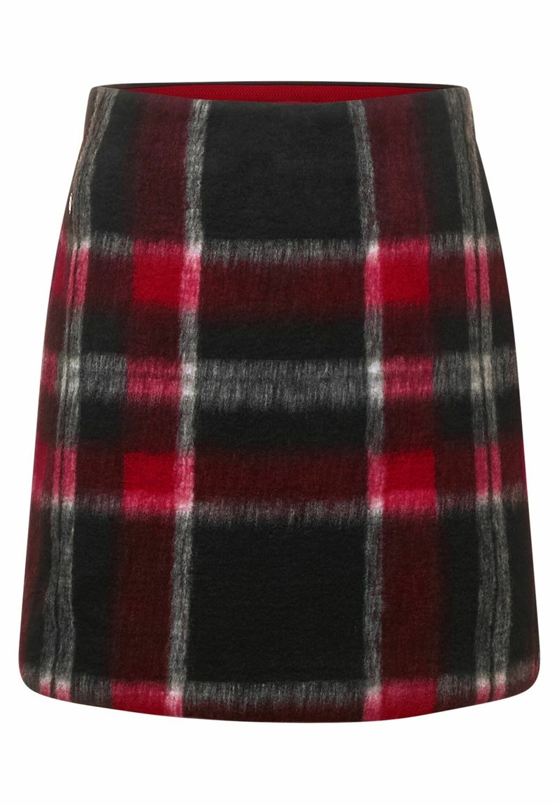 Jupe en laine à carreaux noirs, rouges et gris, avec une forme légèrement évasée en A et une taille haute.