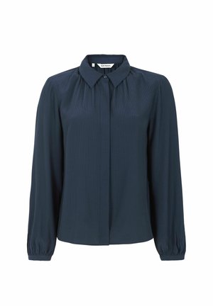 Marineblaue, langärmlige Bluse mit Kragen, mit vertikaler Rippenstruktur und elastischen Bündchen. Knöpfe vorne.