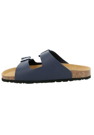 Sandalo piatto blu navy con due cinturini regolabili, plantare in sughero e suola in gomma nera texturizzata. Design aperto davanti con una finitura liscia.