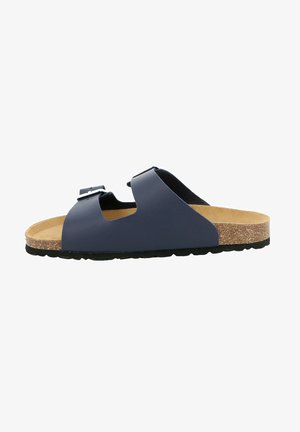 Sandalo piatto blu navy con due cinturini regolabili, plantare in sughero e suola in gomma nera texturizzata. Design aperto davanti con una finitura liscia.