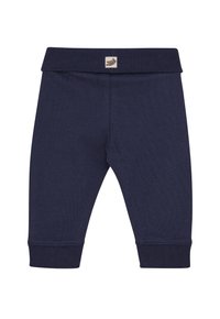 Marineblauwe katoenen legging met geribde tailleband en boorden. Bevat een klein logopatch dat op de tailleband is gestikt. Glad textuur.