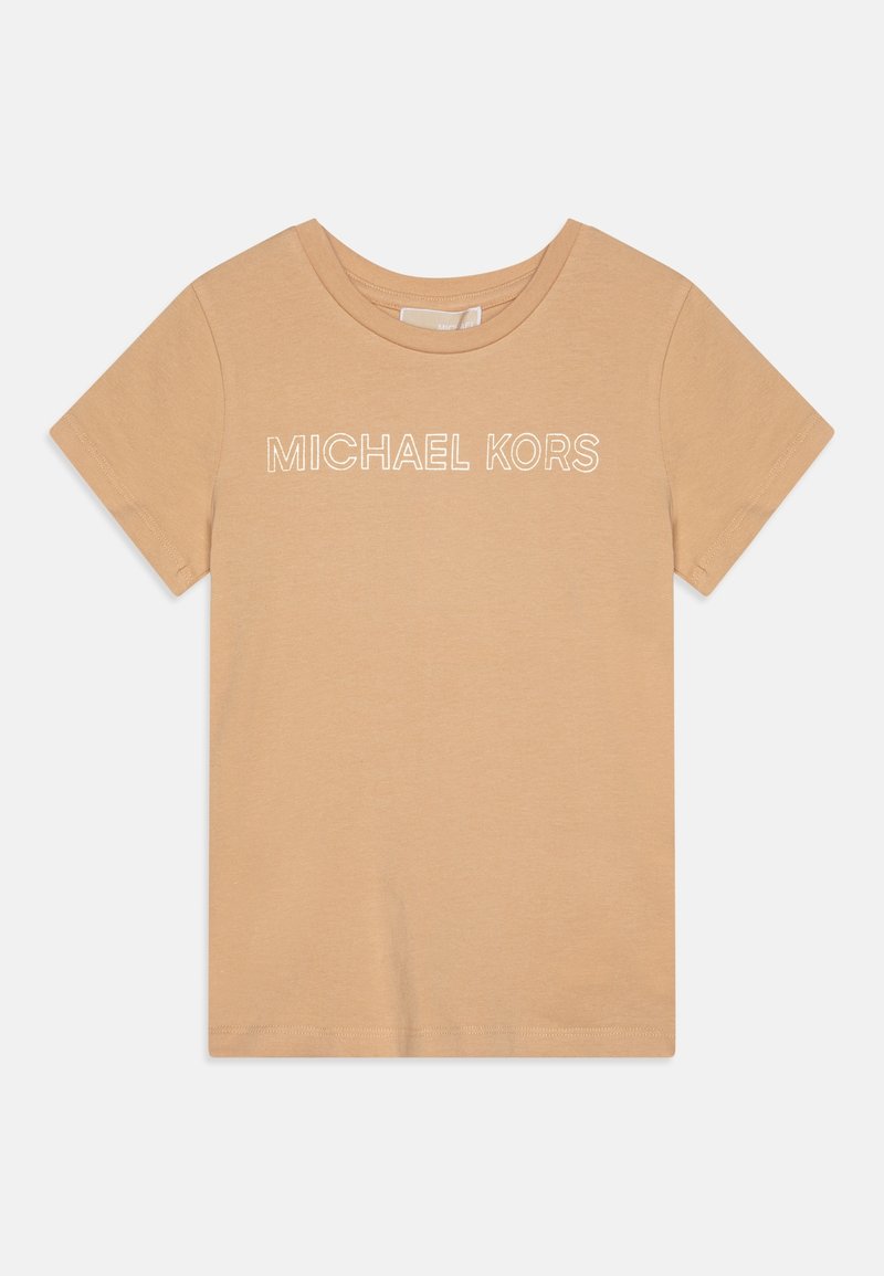 Camiseta de manga corta beige con cuello redondo y "MICHAEL KORS" impreso en letras blancas contorneadas en el pecho.