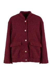 Giacca in pile bordeaux con superficie texture, colletto rotondo, tasche frontali e bottoni a pressione argentati. Materiale morbido e vestibilità comoda.