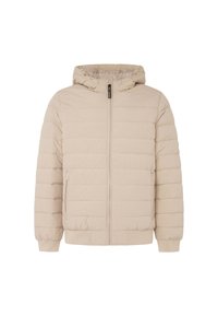 Chaqueta acolchada beige con capucha, presenta un cierre frontal, puños acanalados y textura acolchada horizontal. Incluye bolsillos laterales.