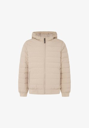 Bēša pūkaina jaka ar kapuci, ar priekšējo rāvējslēdzēju, ribotiem piedurknēm un horizontālu quiltēšanas tekstūru. Iekļautas sānu kabatas.