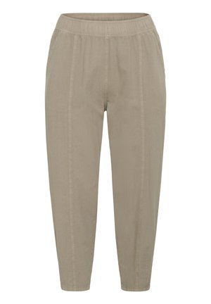 Beige Freizeithose mit elastischem Bund, Fronttaschen und sichtbaren vertikalen Nahtdetails entlang der Beine.