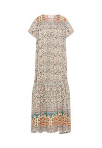 Maxikleid mit floralen Mustern auf cremefarbenem Hintergrund, bunten Blumenmustern, kurzen Ärmeln, rundem Ausschnitt und einem rüschierten Saum.